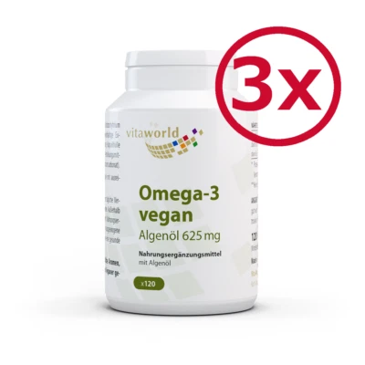Vita World 3er Pack Omega-3 Vegan Algenöl 625mg 3 x 120 Kapseln Made in Germany