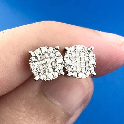 Classic 14K White Gold Princess Round Diamond Circle Cluster Stud Earrings - Image 1 of 4