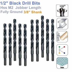 Broca Jobber HSS de 1/2" 10 piezas vástago reducido de 3/8" totalmente molida para madera acero - Imagen 1 de 10