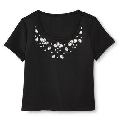 NUEVO Top corto Bongo Niñas Negro Joya Adornado Manga Corta Talla M 10/12 Foto 1 de 4