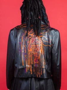 Vintage Hand-Painted Leather Jacket, 'Wild Orange,' Wearable Art, Size M - Picture 1 of 9