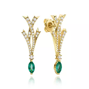 18K Yellow Gold With 1.70 CTW Marquise Emerald Earrings Rare Gift Fine Jewelry - Picture 1 of 6