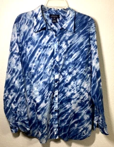 Jones New York Signature Women's 2X Blouse Tie-Dye Blue 100% Cotton Shirt - Picture 1 of 6