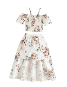 Girls Summer Clothes 2 Piece Outfits Kids Floral Print Off Shoulder Crop Top - Picture 1 of 7