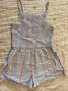 Girl Art Class Romper Size Large 10/12 Smocked Blue Striped Adjustable Straps - Picture 1 of 5