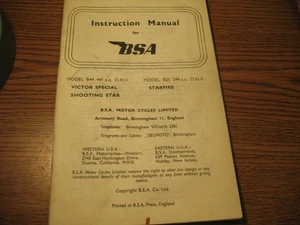 USED VINTAGE BSA INSTRUCTION MANUAL B-25 249 B-44 441 1960'S (K-9923) - Picture 1 of 7
