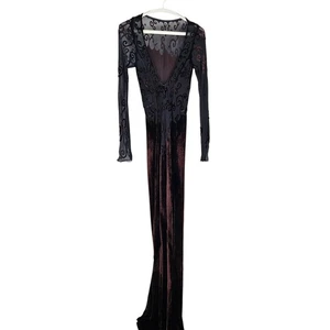 Vintage y2k Velvet Velour Gown Maxi Dress Brown Black Lace Art to wear Size XS - Picture 1 of 11