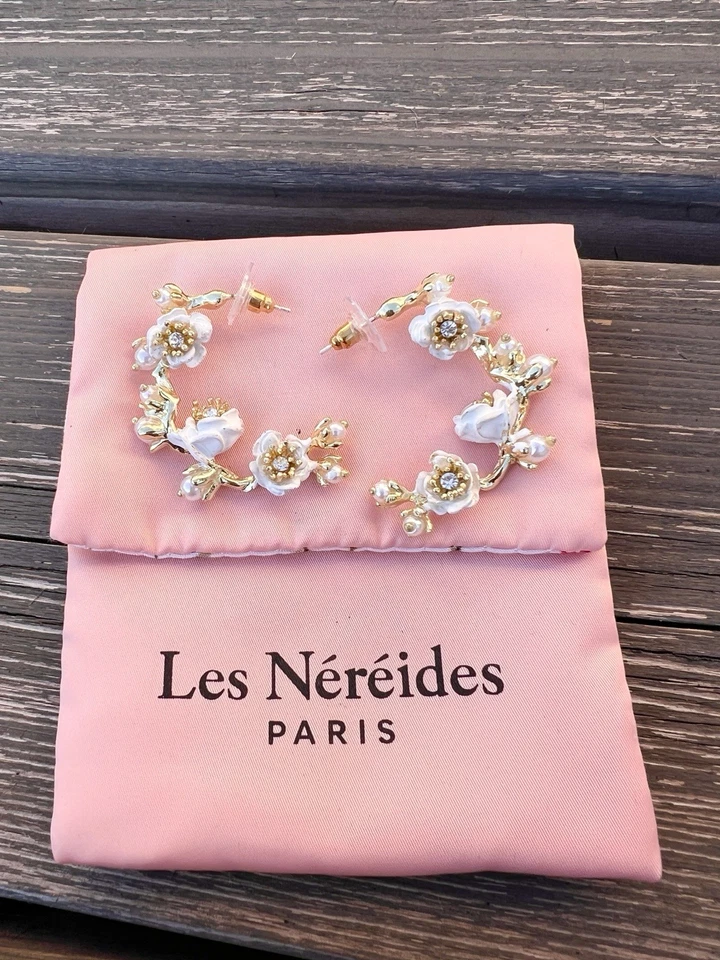 Les Nereides Gold Pearl And White Rose Earrings New Les Néréides France - Image 1 of 4