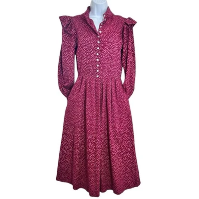 Robbie Bee Vintage 1970s Prairie Midi Dress Size 7/S Burgundy Floral Calico Boho - Image 1 of 4