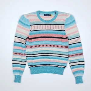 Polo Ralph Lauren Striped Cable Knit Jumper Medium Women UK 10 Cotton Linen Crew - Picture 1 of 14