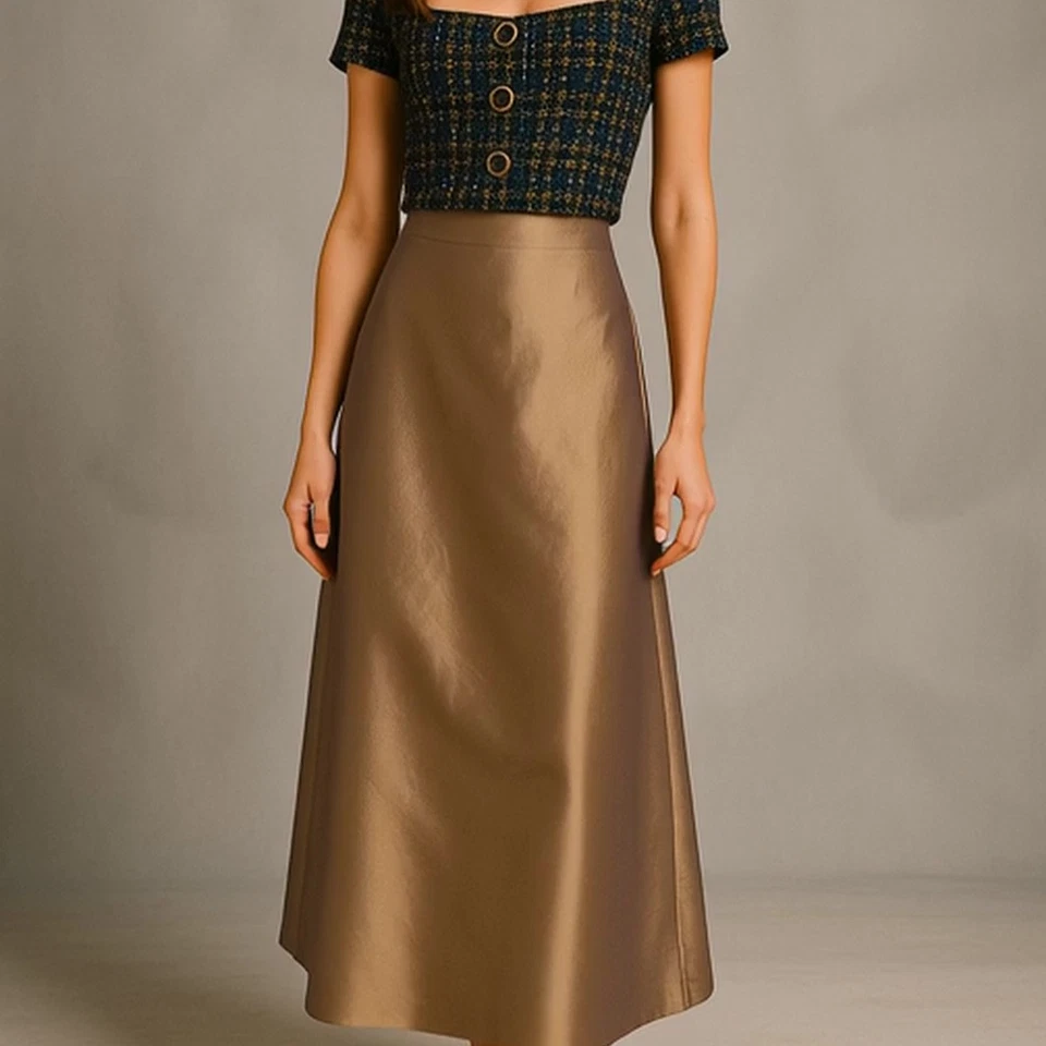 JS Collections Petite Metallic Satin Maxi Skirt Gold Champagne Sheen Sz 8 Canada - Image 1 of 4