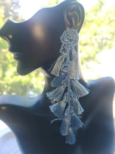 Orecchini donna stravagante lampadario boho pendente a strati goccia nappa blu perline - Foto 1 di 2