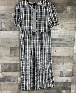 Vtg Kathie Lee Maxi Dress Size 12 Black & White Plaid Bows Modest Boho Zip Up - Picture 1 of 8