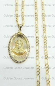 10k Yellow Gold Jesus Christ Head Pendant Charm 20' Figaro Diamond Cut Chain - Picture 1 of 10