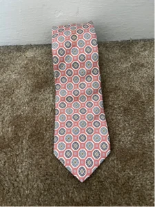 Brooks Brothers Makers Merchants Coral Pink Blue Geometric Circles Silk Necktie - Picture 1 of 6