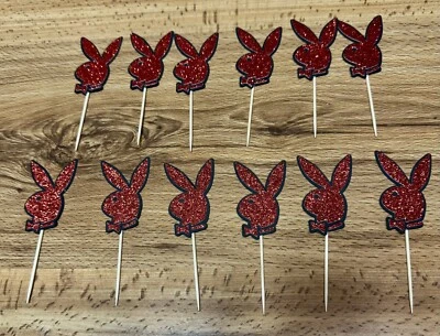 Lote de 12 enfeites de cupcake Playboy Bunny comemoração de aniversário glitter vermelho - Imagem 1 de 4