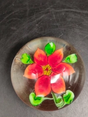 Glass Paperweight with Red Flower Motif – 4cm Tall – 6cm Diameter – Vintage - Image 1 of 4