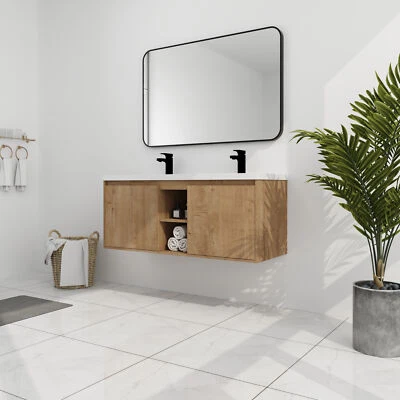 Mueble tocador de baño montado en la pared de madera contrachapada de 48 pulgadas con lavabo doble 2 puertas Foto 1 de 4