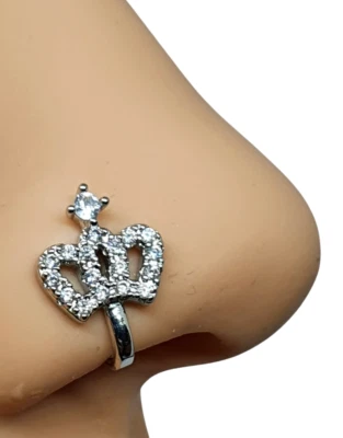 Crown Clip On Nose Stud Cuff Crown CZ Crystal Stones Non Piercing Silver Plated - Image 1 of 4
