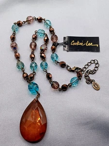 Cookie Lee Pendant Necklace Aqua Blue &AB Beads Amber Rhinestone Pendant New - Picture 1 of 3