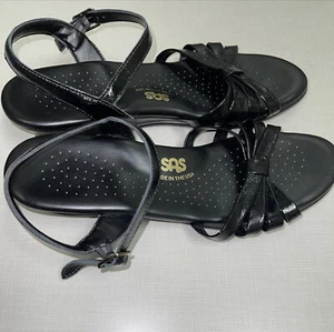 SAS Strippy Quarter Strap Wedge Sandal Black patent Leather women’s 11 Slim - Picture 1 of 8