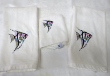 Two White Cotton Hand Towels & Washcloth With Angel Fish in Colors Made USA