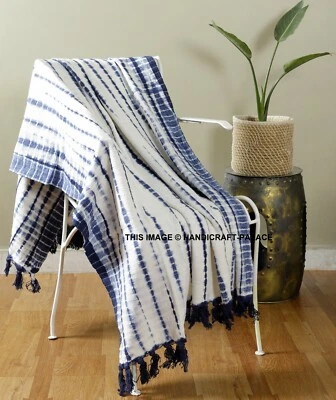Indigo Hand Tie Dye Shibori Single Size 100% Cotton Sofa Armchair Blanket Throw - Image 1 of 3