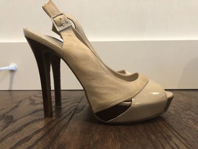 Mujer BCBG Color Crema Cuero Cordones Punta Abierta Tacones Talla 8M Foto 1 de 4