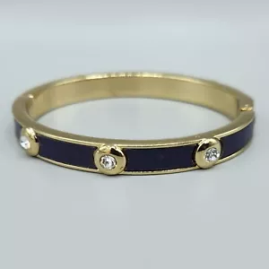 Indigo Blue Faux Leather Inlay Crystal Stud Gold Tone Hinge Bangle Bracelet 7" - Picture 1 of 9