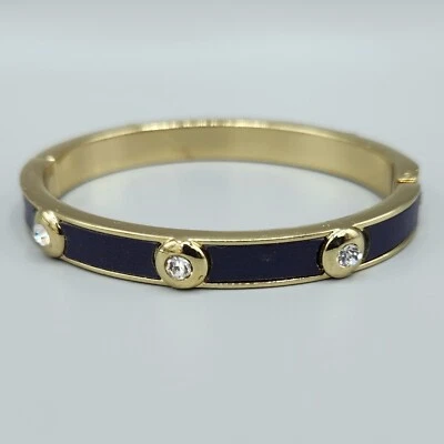 Indigo Blue Faux Leather Inlay Crystal Stud Gold Tone Hinge Bangle Bracelet 7" - Image 1 of 4