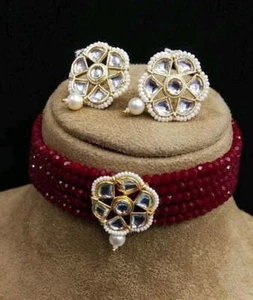Kundan Choker Collana Vetro Placcato Oro Cristallo Set Gioielli Sposa Per Donna - Foto 1 di 43