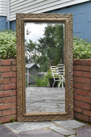 VTG Antique Large Gold Gesso Wood Wall Mantle Mirror 47x25 inch Beveled Glass Cover