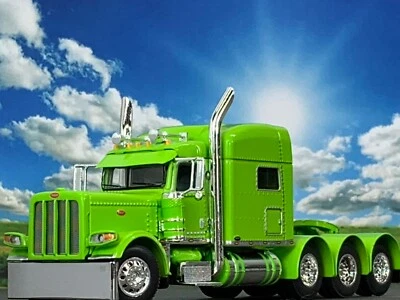 1/64 DCP LIME GREEN PETERBILT 389 TRI AXLE W/ 70" MID ROOF SLEEPER - Image 1 of 4