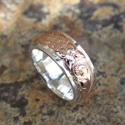 Hawaiian Silver Pink Gold Plated Double Scroll Flower Wedding Ring Band SR1407 - Image 1 of 4