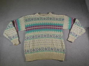Vintage Fisherman Sweater Mens Medium Beige Fair Isle Geometric Nordic Thick - Picture 1 of 10