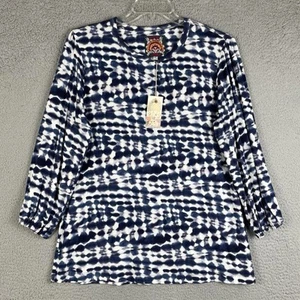Johnny Was Puffy Sleeve Tee Womens M Blue White Shirt Long  Sleeve Tunic Top - Picture 1 of 11