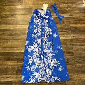 VTG NWT Maxi Wrap Dress Sarong BLUE Floral Tropical Hawaii Beach Pareau 14 Looks - Picture 1 of 6