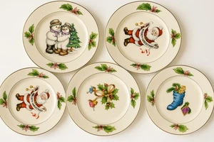"Juego de 5 platos de Navidad vintage muñeco de nieve Papá Noel cinta 7"" borde de acebo" - Imagen 1 de 7
