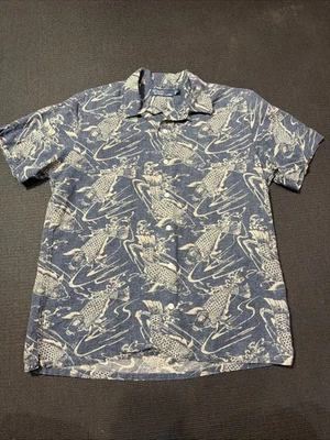 Ralph Lauren Linen Blend Loop Collar Koi Fish All Over Print Button Up Medium - Image 1 of 4