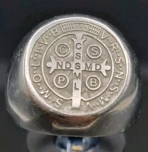 Heavy Stainless Saint Benedict Medal Ring Mens Exorcism Cross Signet Protection - Picture 1 of 24