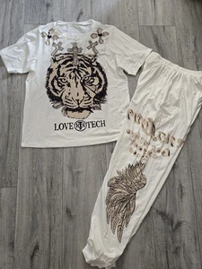 Women's 2 Pcs Set T-shirt & Pants Writh Tiger and Angel Wings Size M - Picture 1 of 6