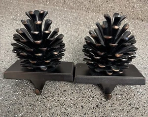 2 Christmas Stocking Holder Hangers Hooks Brass Pinecones 5 1/2" Metal EUC - Picture 1 of 6