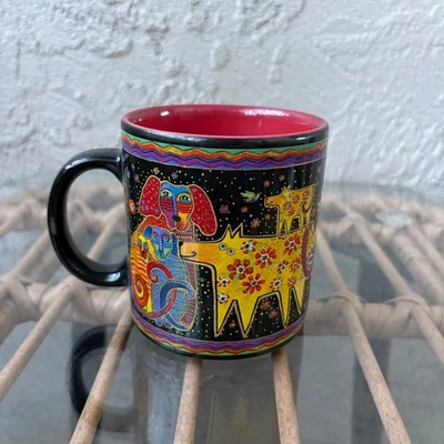 Laurel Burch Mug 2004 Wine Things Sonoma CA Dog Cat Art Ceramic Red Interior - Image 1 of 4