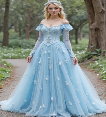 Enchanting Light Blue Medieval Wedding Dress With Lace Long Sleeve Fairy Celtic  - Image 1 of 4
