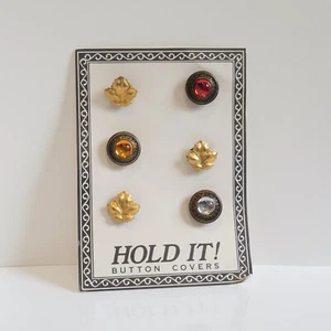 6 cubiertas de botones vintage Hold It tono dorado gema sintética cabujón hoja de hiedra década de 1980 - Imagen 1 de 8