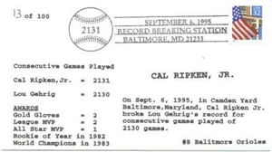 Cal Ripkin FDC Breaking Lou Gehrig Record - Limited - Picture 1 of 1