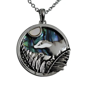 Badger Moon Necklace Pendant Abalone Mother of Pearl And Enamel Chain Boxed - Picture 1 of 23