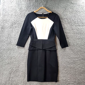PORTMANS Womens Bodycon Dress Size 8 Black Ivory Stretch Knit 3/4 Sleeve - Picture 1 of 15