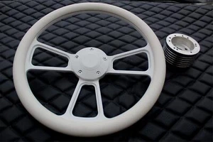 14" White 3/4" Keyway Marine Boat Steering Wheel w/ White Vinyl Wrap and Horn - Foto 1 di 5