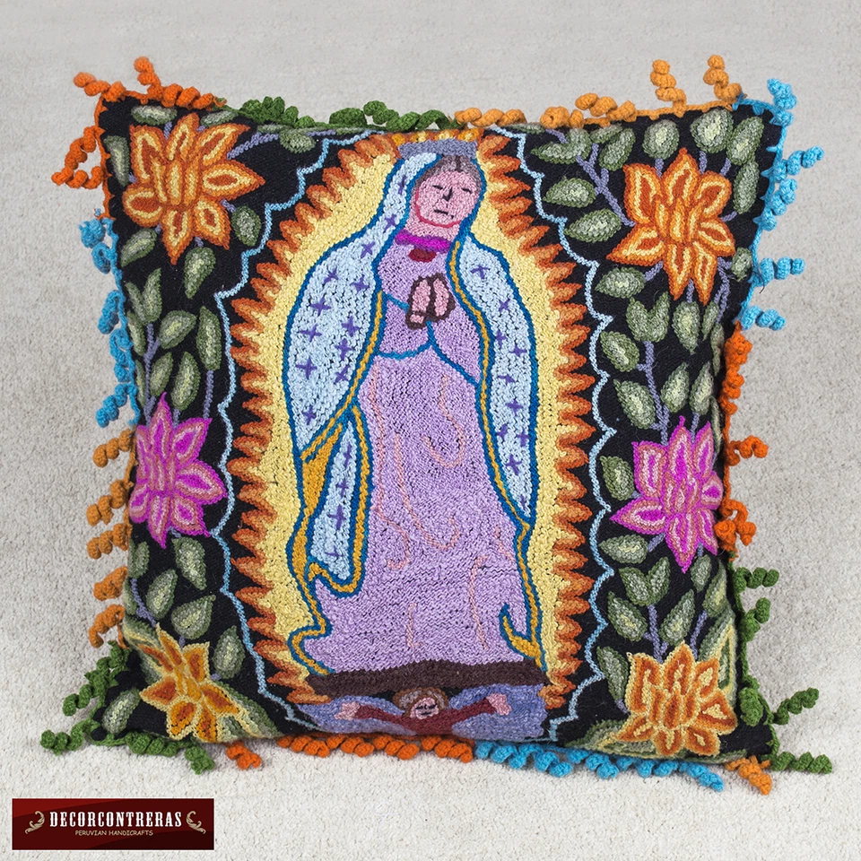 Peruvian Embroidered Pillow 100% Sheep Wool - Black Cushion cover 18" Home Decor - Image 1 of 4